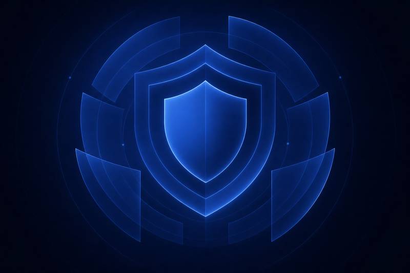 Layered protective shields and concentric rings representing trust and resilience